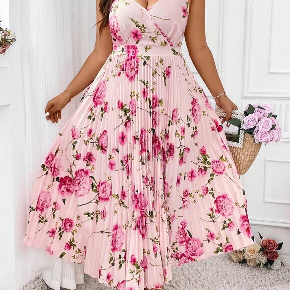 Pink Boho Women's Plus Size Floral Printed Pleated Sleeveless Cami Dress Outfit - Picture 2 of 7